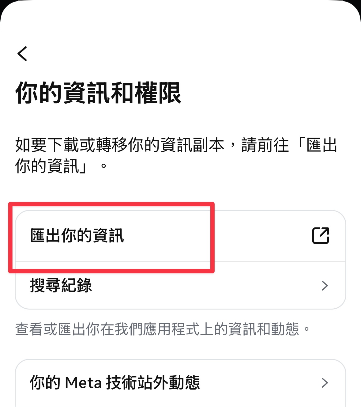 你的資訊和權限頁面內的匯出你的資訊選項